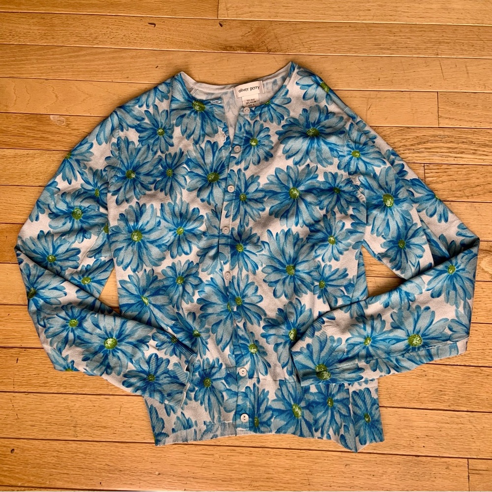 Oliver Perry Blue Floral Silk Cardigan Sweater L